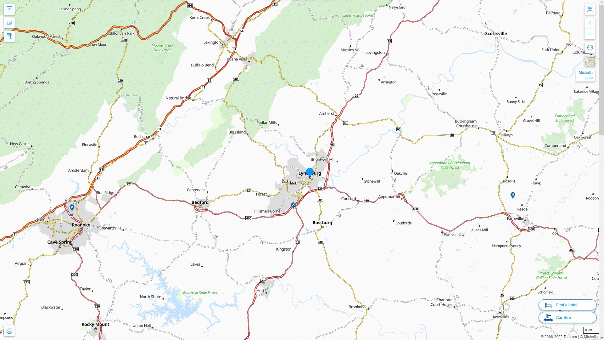 Lynchburg Virginia Highway and Road Map
